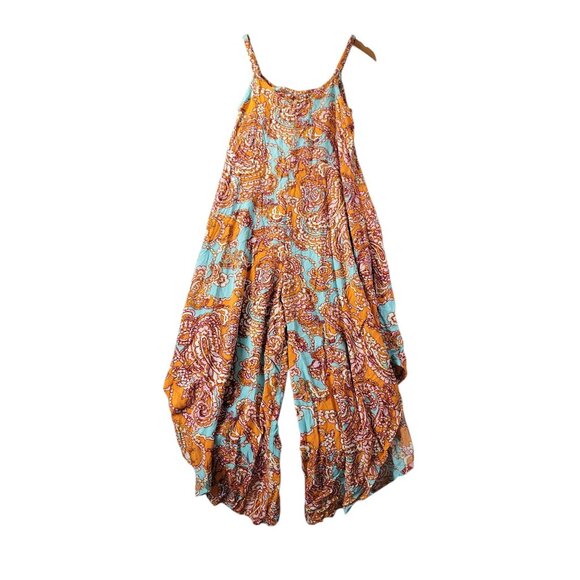 Boho Paisley Harem Jumpsuit Womens M Orange Blue Wide Leg Sleeveless Festival - Picture 7 of 8